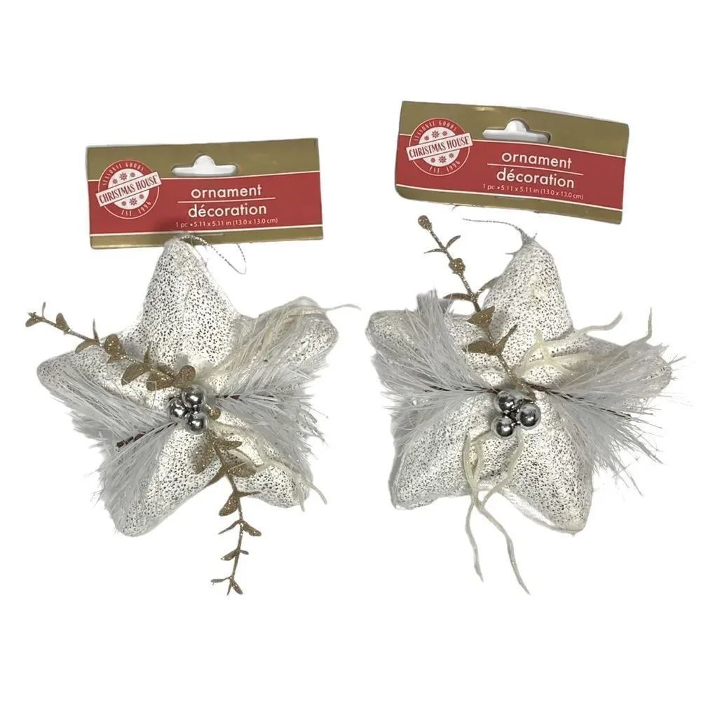 NWT 2 White Christmas Glitter Ornaments with Feather Accents and Glitter
